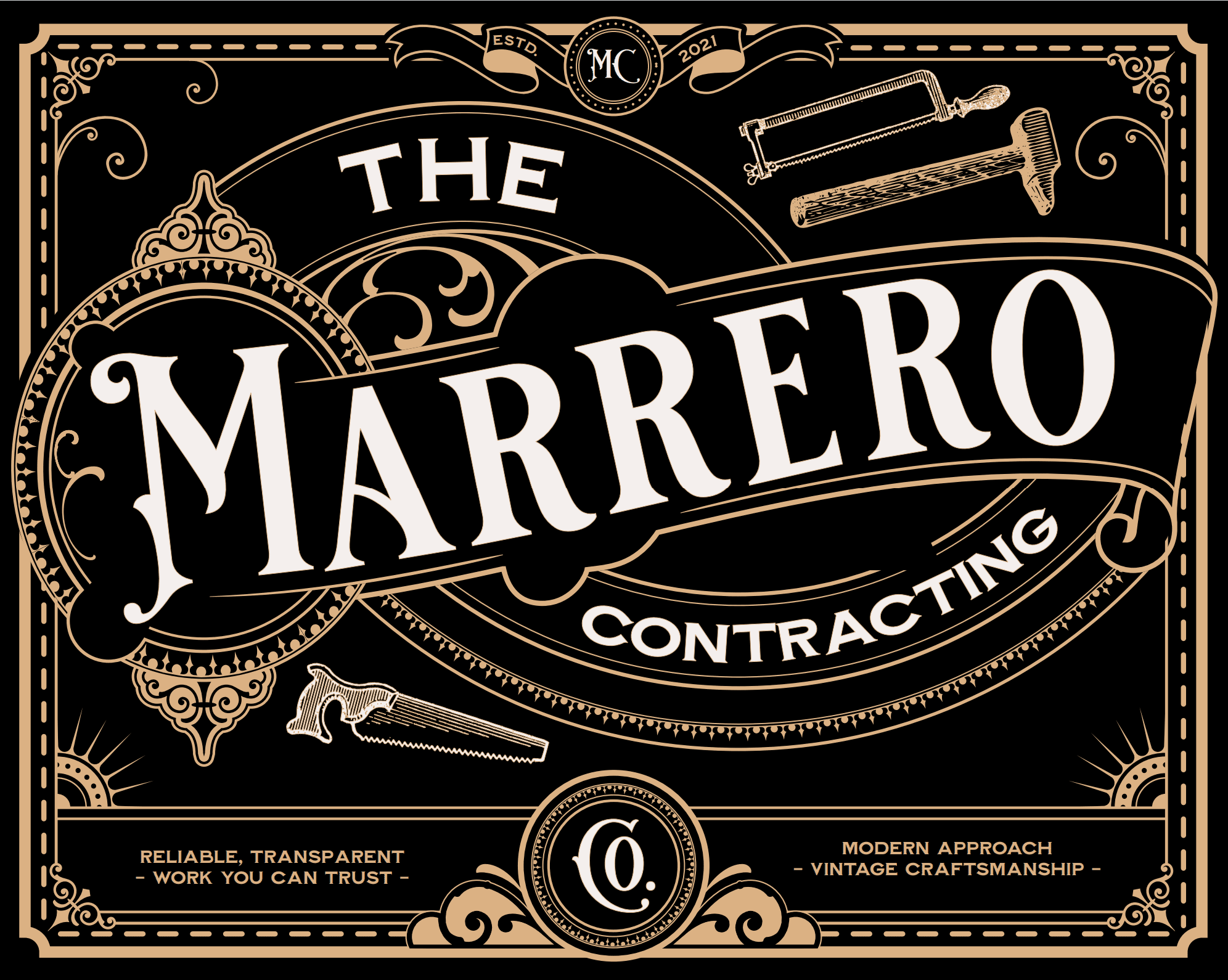 Black and gold sign for Marrero Contracting, established 2021, featuring vintage construction tools and the text "Reliable, Transparent - Work You Can Trust" and "Modern Approach - Vintage Craftsmanship.